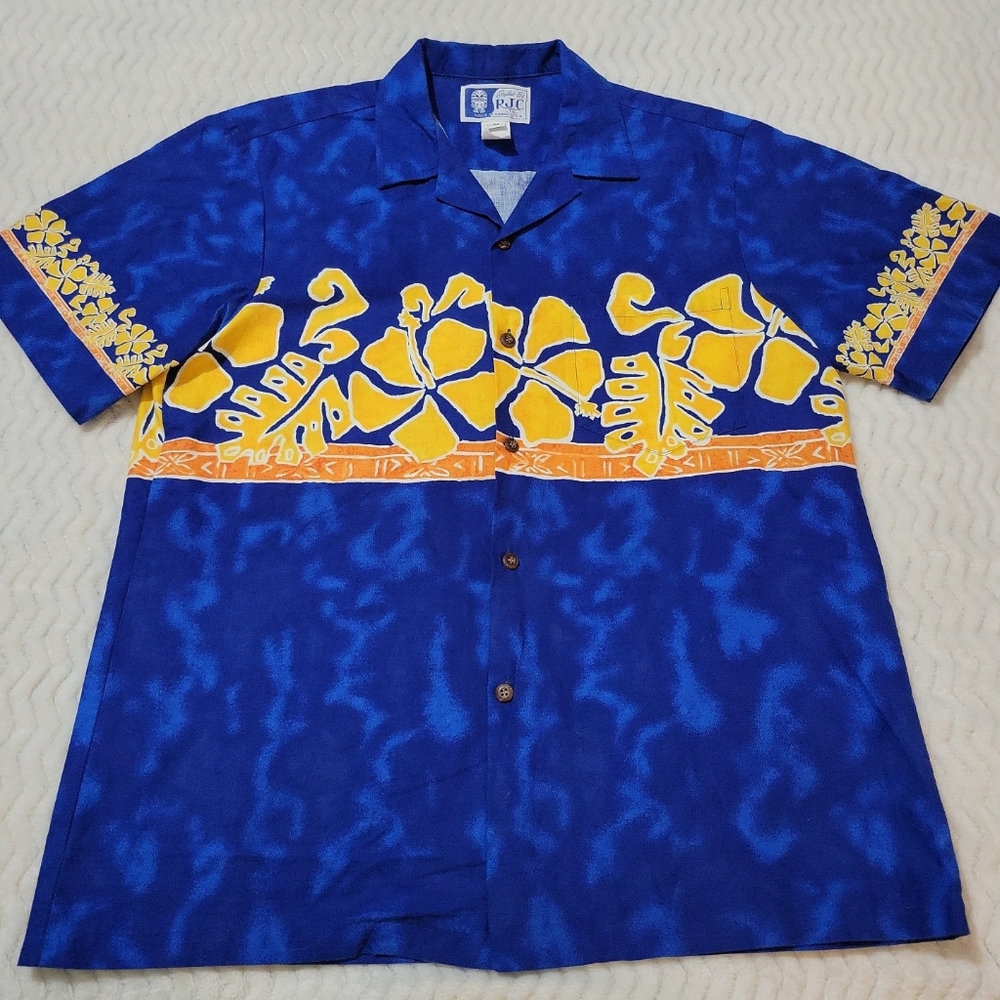 RJC Hawaiian Shirt Mens Med Blue Floral Made in Hawaii USA Button Up Casual.